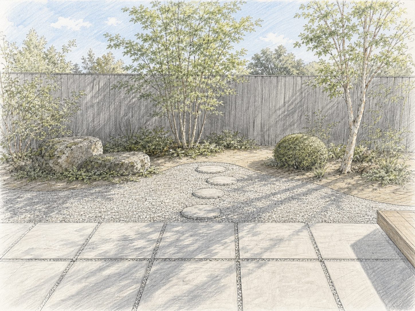 住宅の庭を描いた手描きのパース。線画に淡く着彩したもの