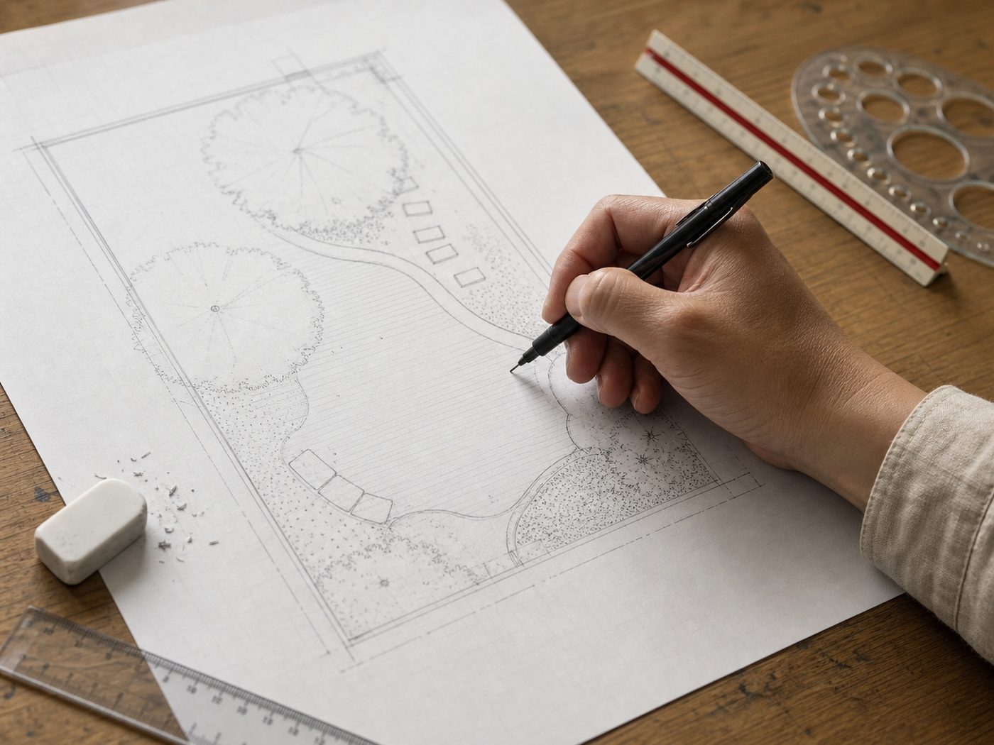 製図机の上で、手描きの図面を描いている手元
