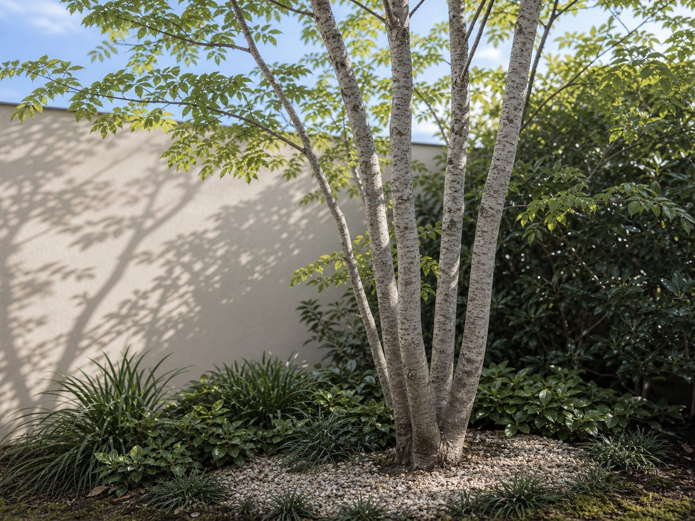 アオダモとソヨゴの株立ちを寄りで見た植栽